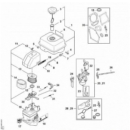 Imagem de Tanque de combustível, Carburador, Accionamento de gás, Caixa do filtro, Filtro de ar RB 400 Dirt Boss