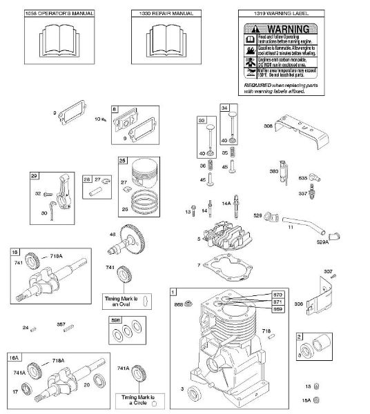 B&S - 09â  093312-0182-B1 C - Veio de excêntricos, cambota, cilindro, cabeça do cilindro, manual do utilizador, êmbolo/segmentos/biela, etiqueta de aviso da marca Stihl