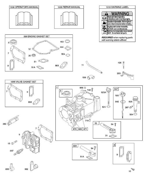 B&S - 09â  09D902-2096-B1 F - Cilindro, cabeça do cilindro, conjuntos de juntas â€“ motor, conjuntos de juntas â€“ válvula, lubrificação, manual do utilizador, etiqueta de aviso da marca Stihl