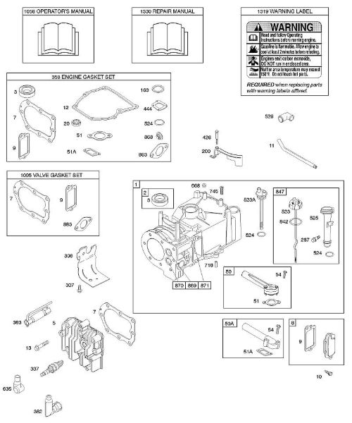 B&S - 10â  10D902-0136-B1 F - Cilindro, cabeça do cilindro, conjuntos de juntas â€“ motor, conjuntos de juntas â€“ válvula, lubrificação, manual do utilizador, etiqueta de aviso da marca Stihl