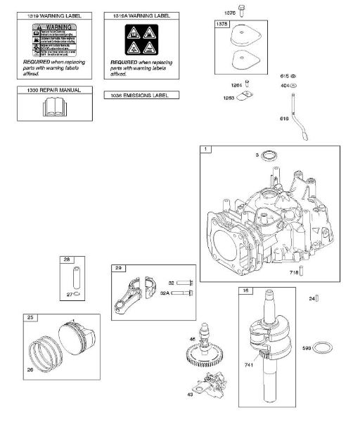 B&S - 12â  122Q02-0154-B1 C - Veio de excêntricos, cambota, cilindro, manual do utilizador, êmbolo/segmentos/biela, etiqueta de aviso da marca Stihl