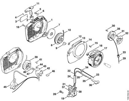 Moto-serras a gasolina (MS) 028 WB Dispositivo de arranque (Trinquete), Sistema de ignição (Electrónica) da marca Stihl