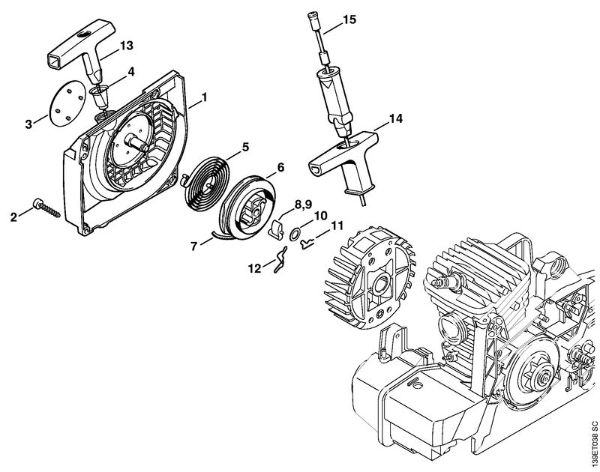 Moto-serras a gasolina (MS) 029 Caixa do ventilador com dispositivo de arranque da marca Stihl