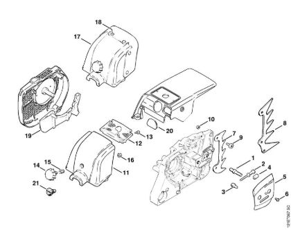 Moto-serras a gasolina (MS) 038 SW Dispositivo tensor da corrente, Tampa da caixa do carburador da marca Stihl