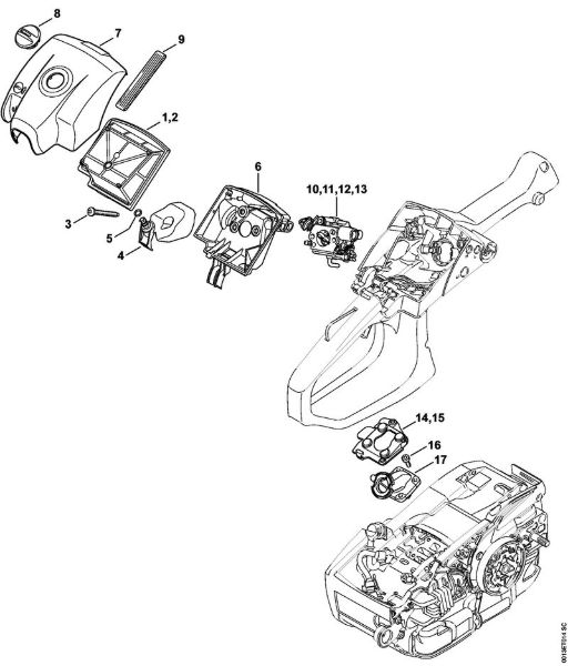 Moto-serras a gasolina (MS) MS 201 Filtro de ar, Tampa da caixa do carburador da marca Stihl