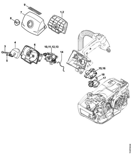 Moto-serras a gasolina (MS) MS 201 T Filtro de ar, Tampa da caixa do carburador da marca Stihl