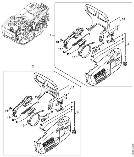 Moto-serras a gasolina (MS) MS 201 TC-M Tampa do carreto, Protecção da mão da marca Stihl