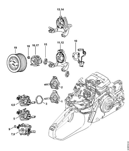 Moto-serras a gasolina (MS) MS 241 C-BEM Suporte do carburador, Filtro de ar da marca Stihl