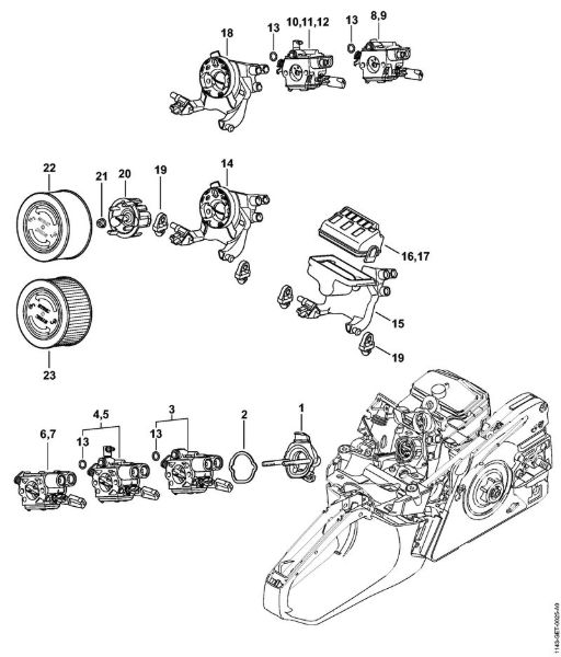 Moto-serras a gasolina (MS) MS 251 C-BEQ Suporte do carburador, Filtro de ar da marca Stihl