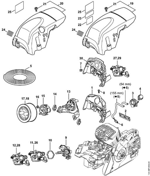 Moto-serras a gasolina (MS) MS 271 Condução de ar, Suporte do carburador, Cobertura da marca Stihl