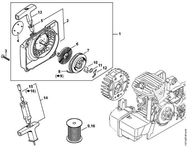 Moto-serras a gasolina (MS) MS 290 Caixa do ventilador com dispositivo de arranque da marca Stihl