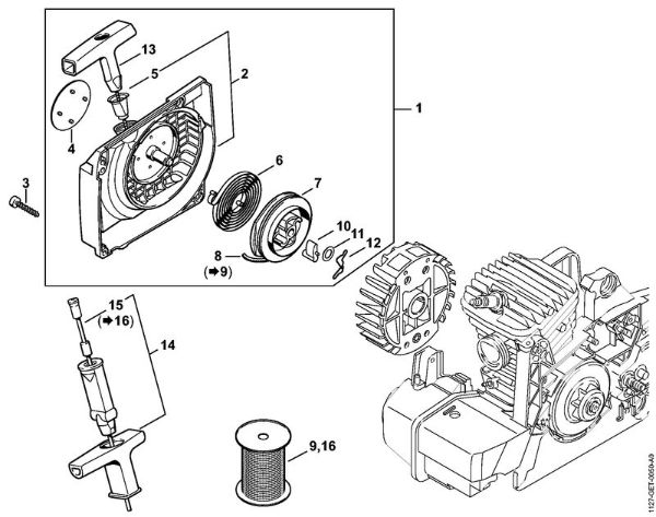 Moto-serras a gasolina (MS) MS 310 Caixa do ventilador com dispositivo de arranque da marca Stihl