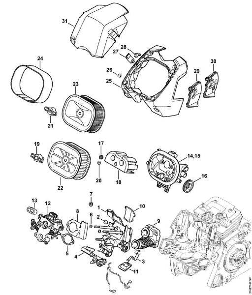 Moto-serras a gasolina (MS) MS 441 Suporte do carburador, Filtro de ar da marca Stihl