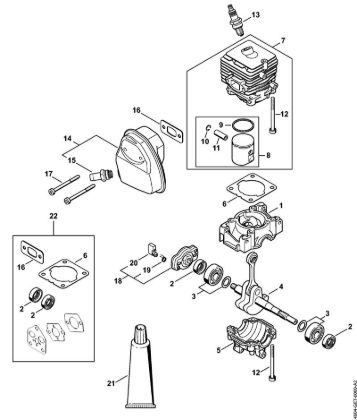 Motor multifuncional (MM) MM 56 Caixa da cambota, Cilindro, Silenciador da marca Stihl