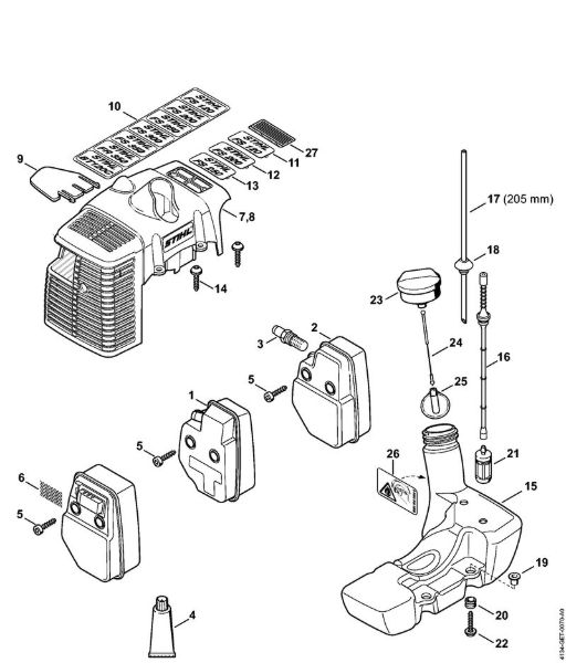 Foices a motor (FS) FS 120 R Silenciador, Cobertura, Depósito de combustível   809 249 646 (10.2016) da marca Stihl