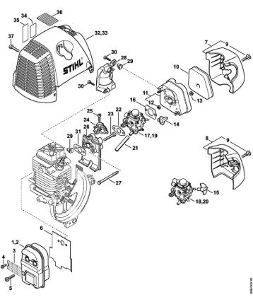 Foices a motor (FS) FS 130 R Silenciador, Filtro de ar da marca Stihl