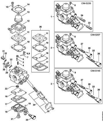 Foices a motor (FS) FS 50 (4144) Carburador C1M-S226, C1M-S207, C1M-S145 da marca Stihl