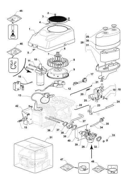 Starter, carburettor and air filter OM 98L/14,5 K H Cat. 2023 Garden tractor